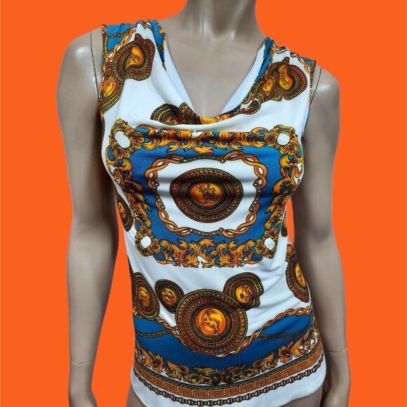 Y2K Baroque print Sleeveless Top Cowl Neck Stretch chain Print Top Size XS S - Picture 4 of 8